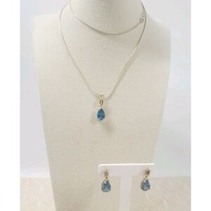 Clyde Duneier 925 Blue Topaz Teardrop Necklace Earrings Set Silver